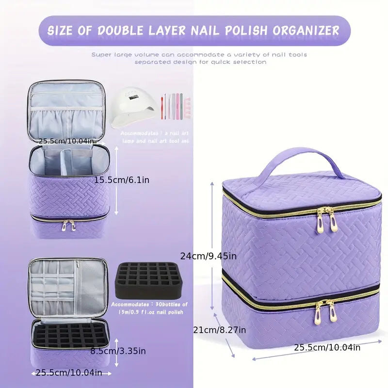 Green Professional Nail Polish Organizer Case for 30 Bottles & UV Lamp - Double-Layer Travel Storage Bag - Image 2