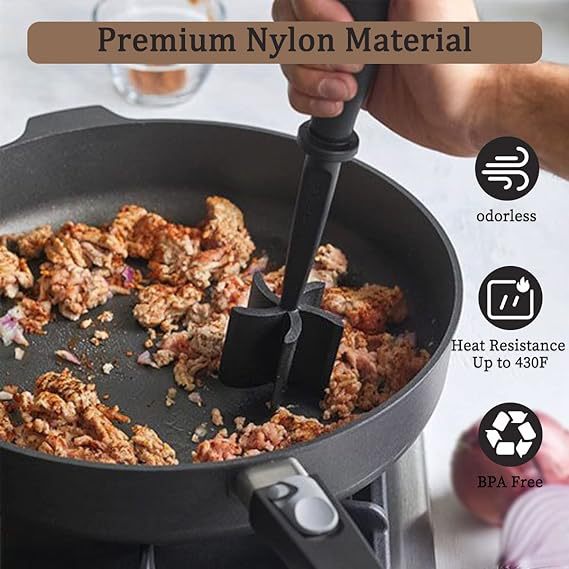 3-pieces Black Premium Heat Resistant Meat Chopper - Ground Meat Masher Utensil for Hamburger & Non-Stick Pans - Image 2