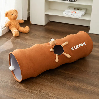 Brown bear Premium Soft Suede Cat Tunnel - Collapsible Play Tube with Peek-a-Boo Hole & Hanging Ball(1.2m)