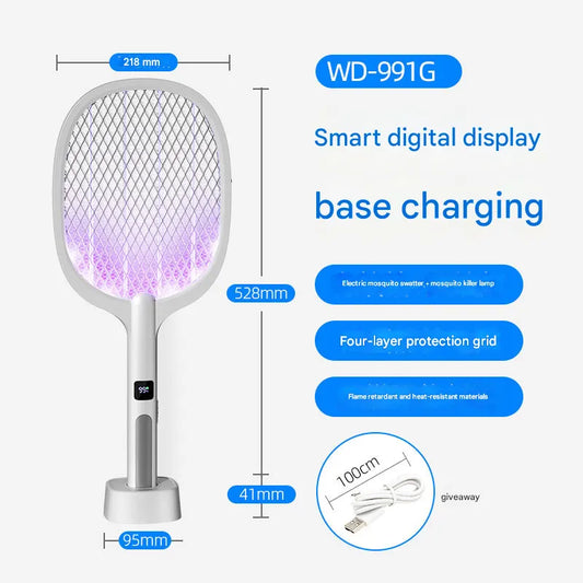 White Rechargeable 2-in-1 Bug Zapper Racket - Electric Fly Swatter & UV Mosquito Lamp with Charging Base