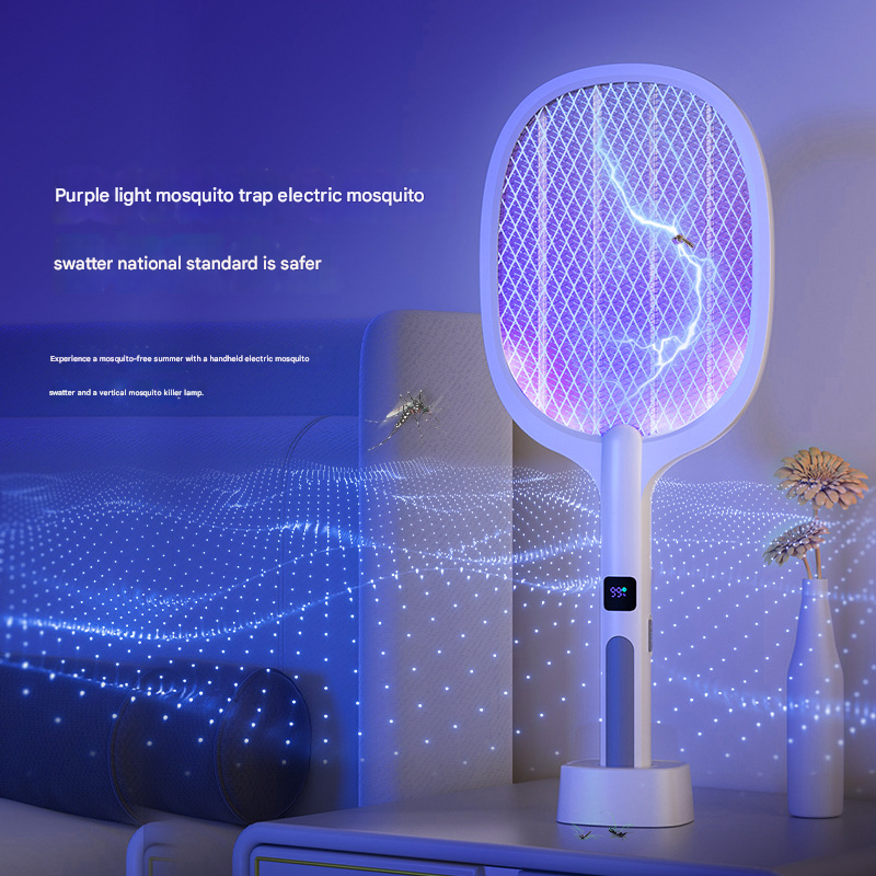 White Rechargeable 2-in-1 Bug Zapper Racket - Electric Fly Swatter & UV Mosquito Lamp with Charging Base - Image 2