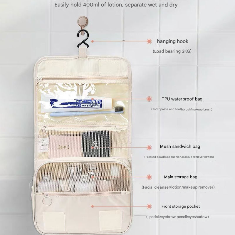 Beige Portable Hanging Travel Toiletry Bag - Large Capacity Cosmetic & Wash Organizer with Sturdy Hook - Image 3