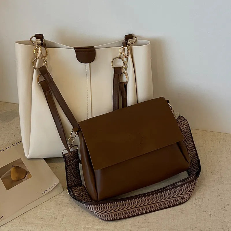 White Chic 2-Piece Tote Bag Set - Large Capacity Commuter Handbag with Wide Strap Crossbody Purse