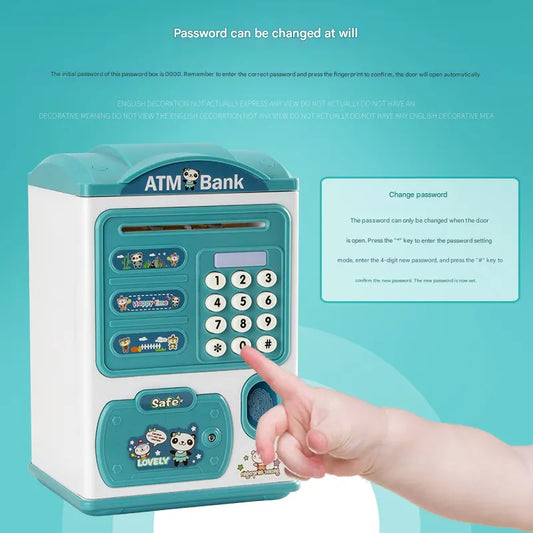 Blue panda Kids Smart ATM Piggy Bank - Automatic Bill Scroll, Password & Fingerprint Unlock with Fun Features - Image 2