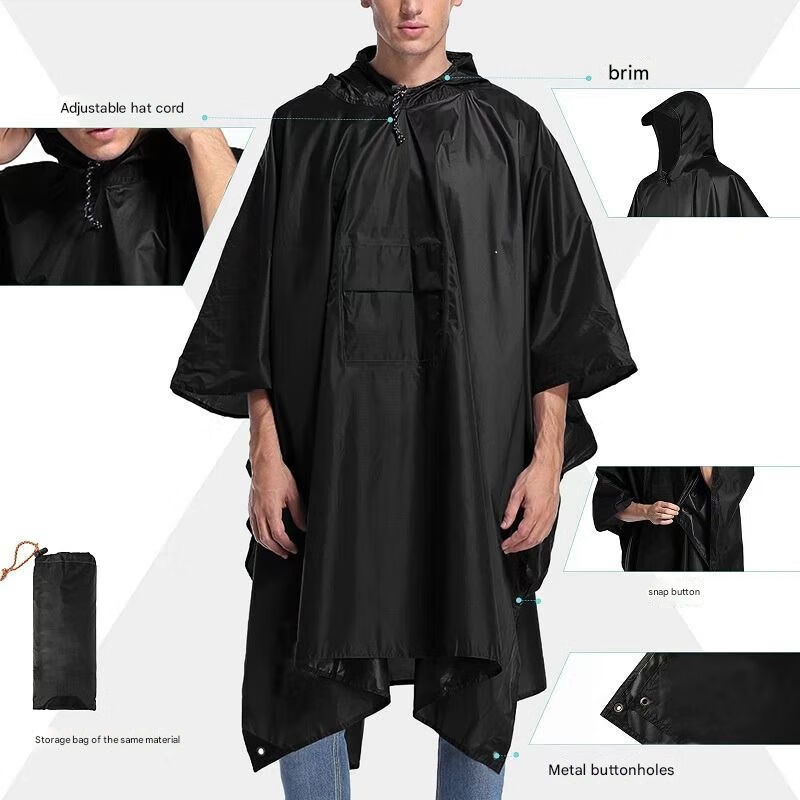 Black 3-in-1 Multifunctional Outdoor Rain Poncho - Ground Mat & Shelter - Lightweight & Waterproof for Hiking & Camping - Image 2