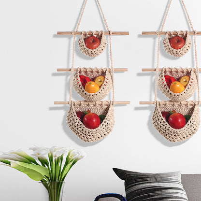 Three-layer cotton rope style Bohemian Hanging Fruit Basket – Wall-Mounted Woven Storage Net Pocket for Kitchen & Home Decor - Image 2