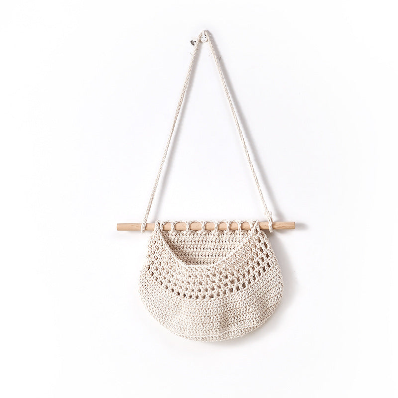 Single-layer cotton rope style Bohemian Hanging Fruit Basket – Wall-Mounted Woven Storage Net Pocket for Kitchen & Home Decor