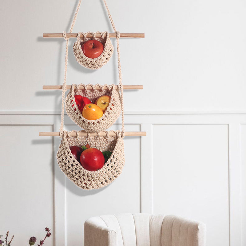 Single-layer hemp rope style Bohemian Hanging Fruit Basket – Wall-Mounted Woven Storage Net Pocket for Kitchen & Home Decor - Image 3