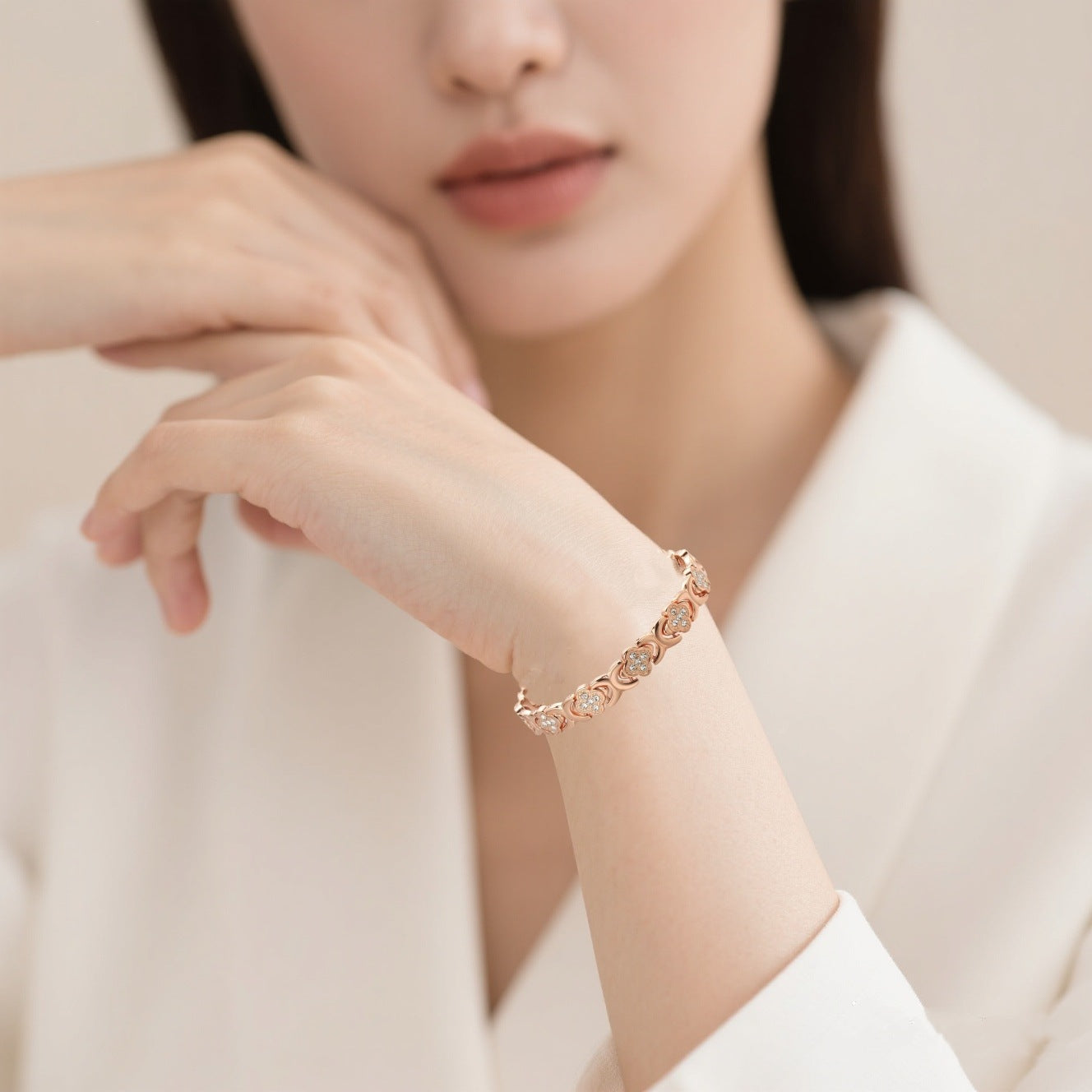 Gold New Fashion Lightweight Luxury Four-Leaf Clover Diamond Inlaid Bracelet - Alloy Magnetic Watch Band Style Bracelet for Women + Free Disassembly Tool - Image 3