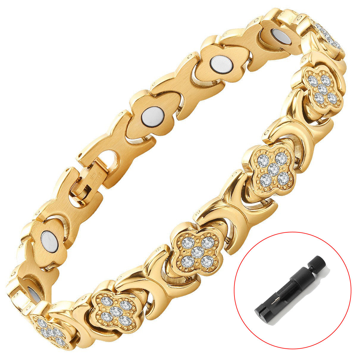 Silver New Fashion Lightweight Luxury Four-Leaf Clover Diamond Inlaid Bracelet - Alloy Magnetic Watch Band Style Bracelet for Women + Free Disassembly Tool - Image 4