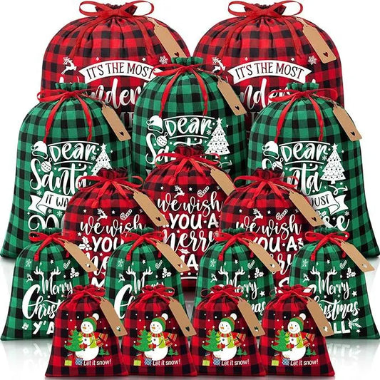 Red flannel Christmas Gift Drawstring Bags Set - Festive Burlap Style Pouches for Candy & Apples - Holiday Decoration - 10 Pcs - Image 3