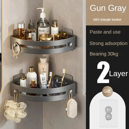 Two layers of gun gray Premium No-Drill Corner Shower Caddy - Thickened ABS Bathroom Storage Shelf with Hooks, Quick Wall Mount Organiser