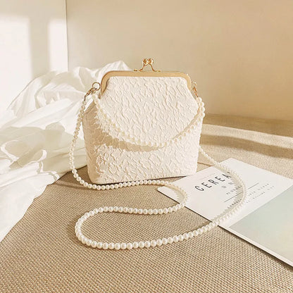 White Elegant Vintage Kiss-Lock Purse with Pearl Straps - Textured Frame Clutch Bag