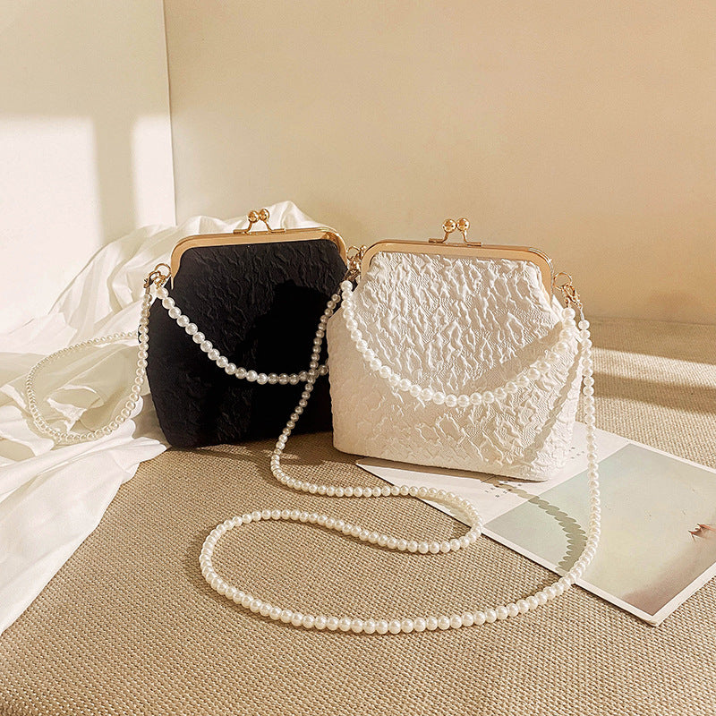 Black Elegant Vintage Kiss-Lock Purse with Pearl Straps - Textured Frame Clutch Bag - Image 2
