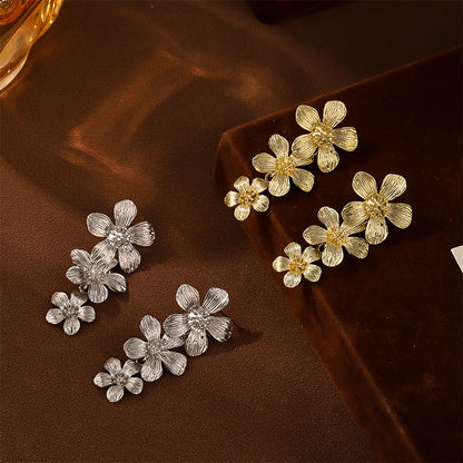 Gold Textured Cascading Floral Statement Drop Earrings for Women - Image 3