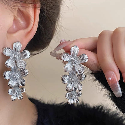 Sliver Textured Cascading Floral Statement Drop Earrings for Women - Image 2
