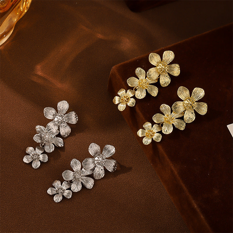 Sliver Textured Cascading Floral Statement Drop Earrings for Women - Image 3