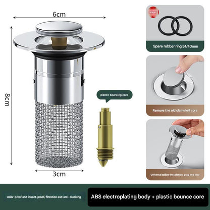 5 PCS Universal Pop-Up Sink Drain Stopper with Anti-Clog Filter Basket - Stainless Steel Hair Catcher & Anti-Odor Plug