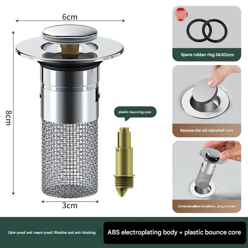 5 PCS Universal Pop-Up Sink Drain Stopper with Anti-Clog Filter Basket - Stainless Steel Hair Catcher & Anti-Odor Plug