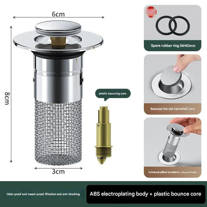5 PCS Universal Pop-Up Sink Drain Stopper with Anti-Clog Filter Basket - Stainless Steel Hair Catcher & Anti-Odor Plug