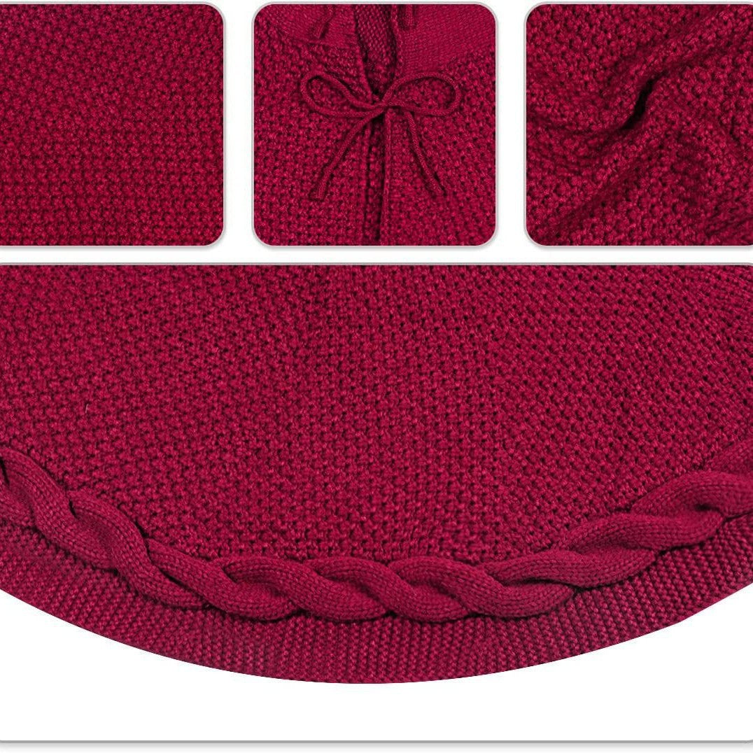 Red Luxury Knit Christmas Tree Skirt with Cable-Knit Border - Rustic Holiday Decor(62cm) - Image 3