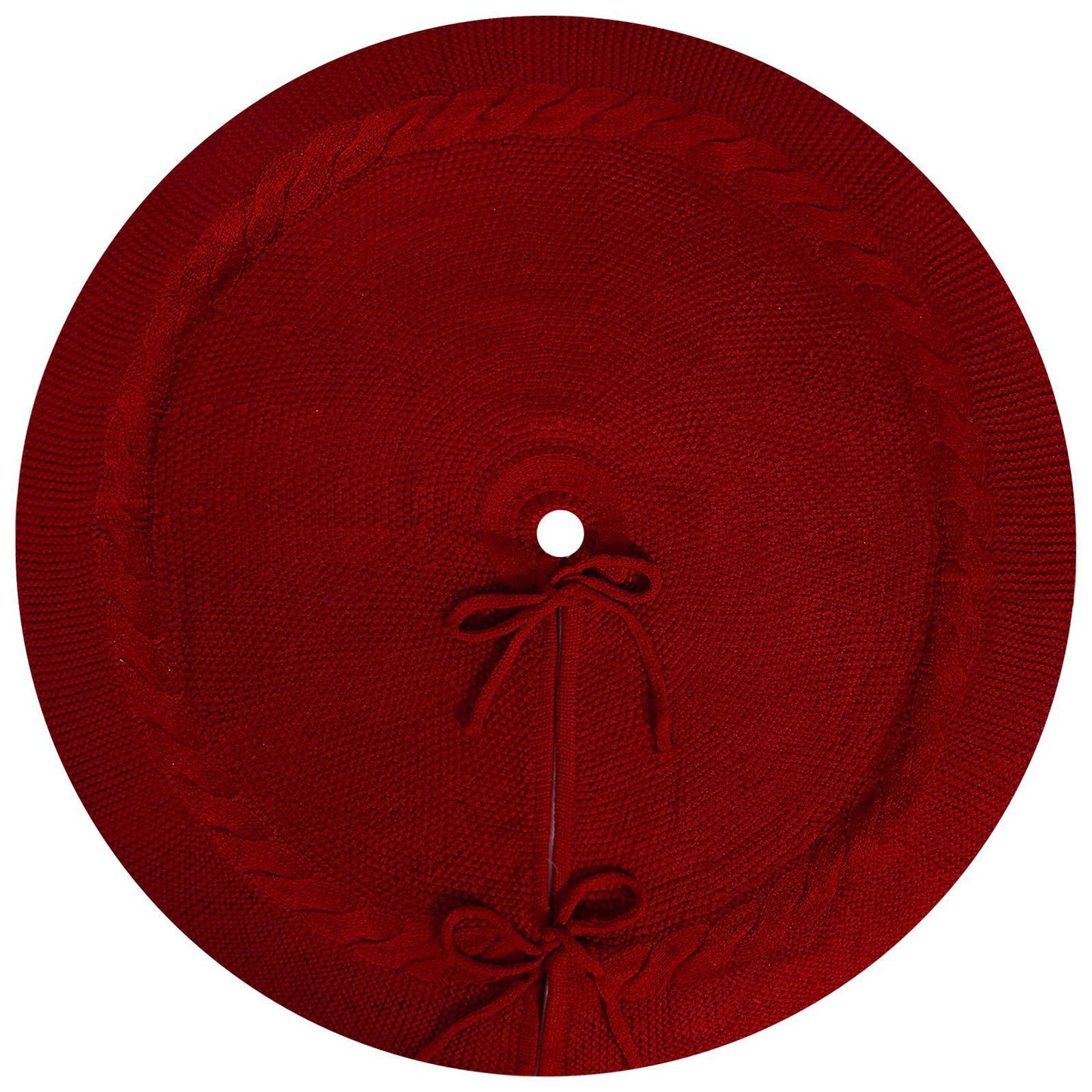 Red Luxury Knit Christmas Tree Skirt with Cable-Knit Border - Rustic Holiday Decor(92cm)