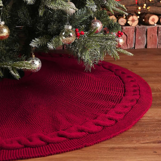 Red Luxury Knit Christmas Tree Skirt with Cable-Knit Border - Rustic Holiday Decor(92cm) - Image 2