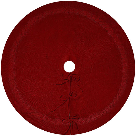 Red Luxury Knit Christmas Tree Skirt with Cable-Knit Border - Rustic Holiday Decor(122cm)