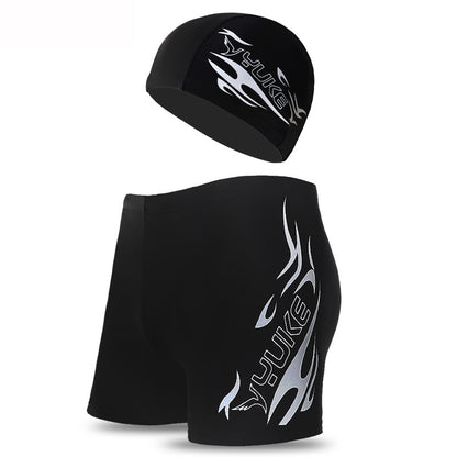 Silver Men's Athletic Swim Trunks and Cap Set with Dynamic Graphic Print(4XL)