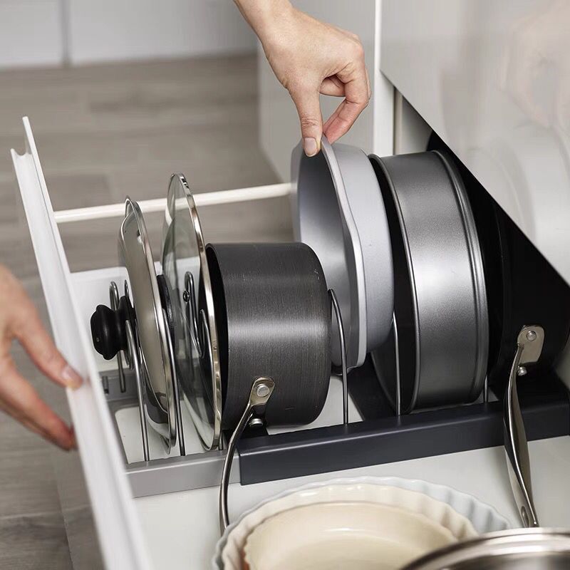 Grey Expandable Pan & Pot Lid Organizer Rack - Adjustable Kitchen Cabinet Storage Holder for Bakeware & Cutting Boards - Image 4