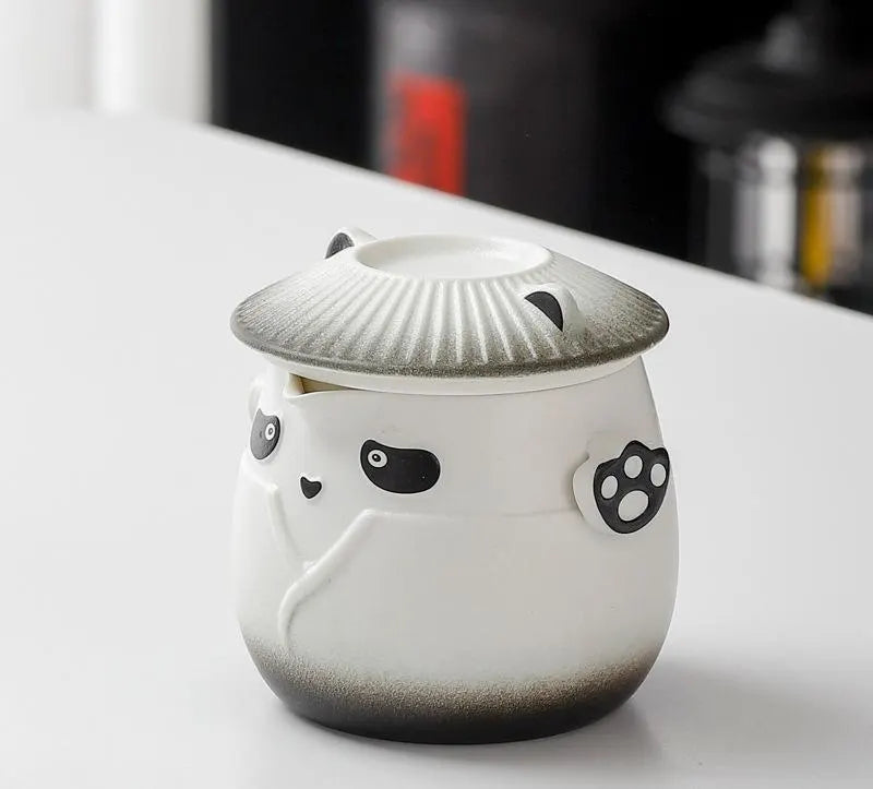 Adorable Panda Design Ceramic Tea Infuser Mug Set - 310ml Travel Crackle Glaze Cup with Lid & Strainer(black)