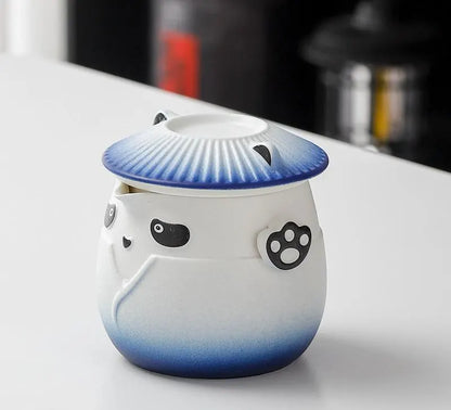 Adorable Panda Design Ceramic Tea Infuser Mug Set - 310ml Travel Crackle Glaze Cup with Lid & Strainer(blue)