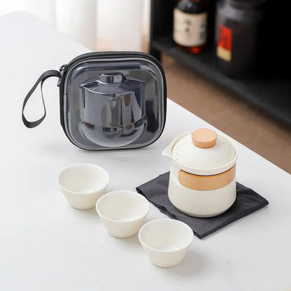 Portable Ceramic Travel Tea Set - One Pot Three Cups with Carrying Case, Elegant Frosted Finish(white)