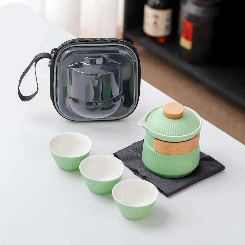 Portable Ceramic Travel Tea Set - One Pot Three Cups with Carrying Case, Elegant Frosted Finish(green)