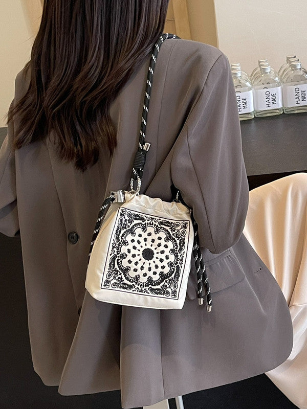 Chic Drawstring Bucket Bag with Intricate Print - Adjustable Rope Strap, Lightweight Fabric(Beige) - Image 5