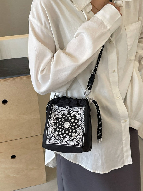 Chic Drawstring Bucket Bag with Intricate Print - Adjustable Rope Strap, Lightweight Fabric(Gray) - Image 4