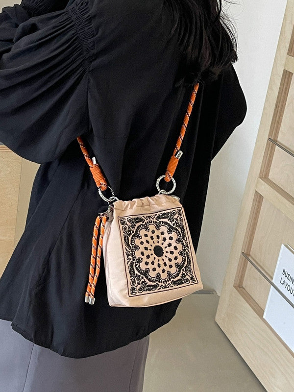 Chic Drawstring Bucket Bag with Intricate Print - Adjustable Rope Strap, Lightweight Fabric(Black) - Image 6