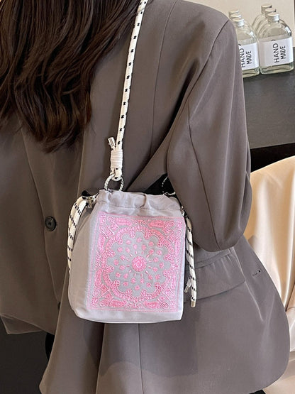 Chic Drawstring Bucket Bag with Intricate Print - Adjustable Rope Strap, Lightweight Fabric(Pink) - Image 2