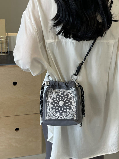 Chic Drawstring Bucket Bag with Intricate Print - Adjustable Rope Strap, Lightweight Fabric(Pink) - Image 3