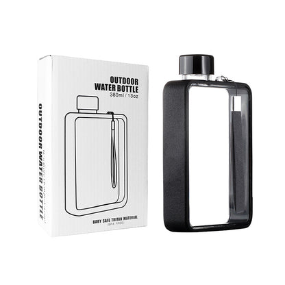 Slim Tritan Flat Water Bottle - 380ml BPA-Free, Leakproof with Leather-Textured Sleeve & Strap(Black)
