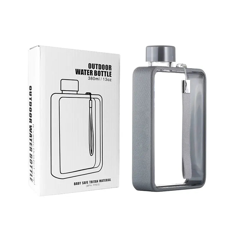 Slim Tritan Flat Water Bottle - 380ml BPA-Free, Leakproof with Leather-Textured Sleeve & Strap(grey)