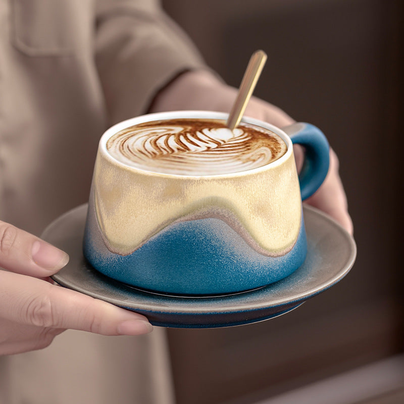 Artistic Ceramic Coffee Cup & Saucer Set with Spoon - Gradient Glaze, 240ml, Gift Boxed(Blue) - Image 2