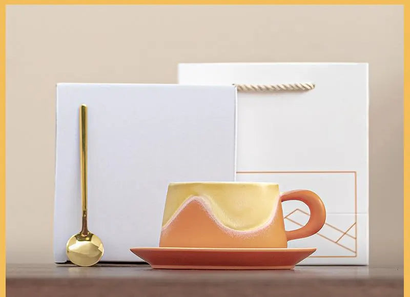 Artistic Ceramic Coffee Cup & Saucer Set with Spoon - Gradient Glaze, 240ml, Gift Boxed(Orange)
