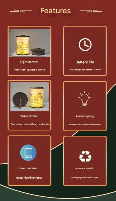 Foldable Telescopic Lantern Lamp - 3 Light Modes, USB Rechargeable, Wood/Paper Finish(Lotus Painting) - Image 2