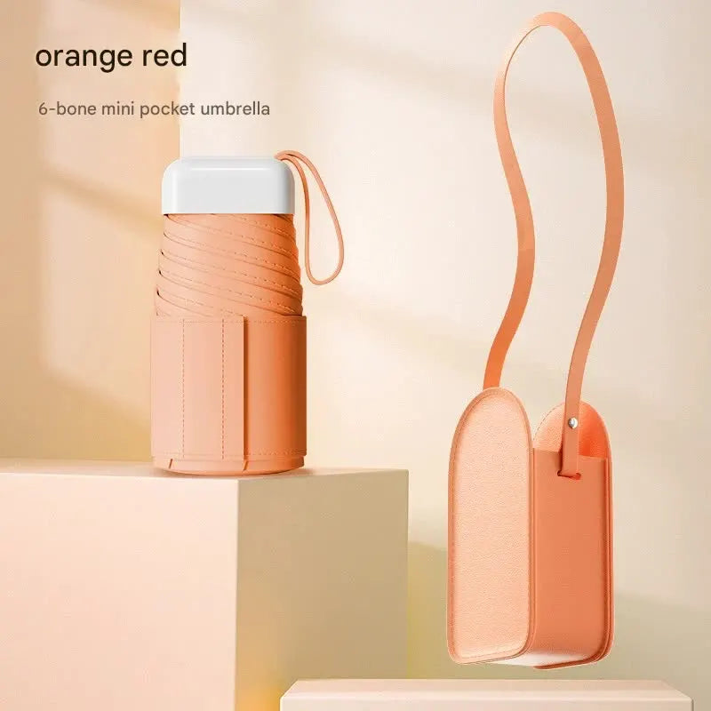 Mini Pocket Umbrella with Matching Crossbody Bag - UV Protection, 6-Rib Windproof Design(Orange)