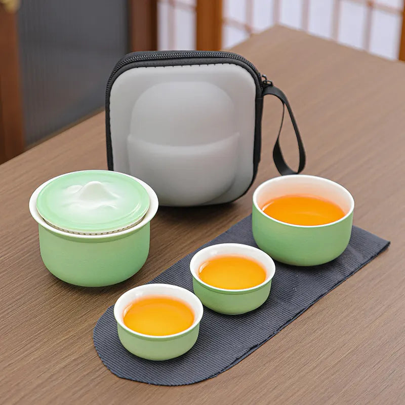 Portable Ceramic Tea Set for Travel - Quick Gaiwan with 3 Cups & Carrying Case(Light green)