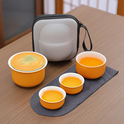 Portable Ceramic Tea Set for Travel - Quick Gaiwan with 3 Cups & Carrying Case(Orange)