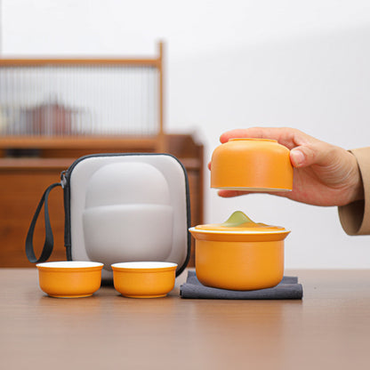 Portable Ceramic Tea Set for Travel - Quick Gaiwan with 3 Cups & Carrying Case(Yellow-green gradient) - Image 3