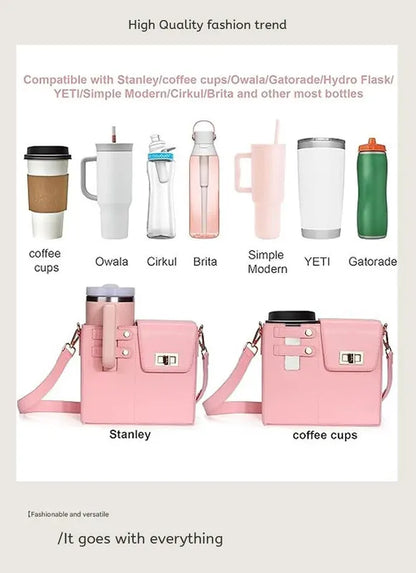 Chic PU Leather Crossbody Bag with Tumbler Holder - Multi-Compartment, Adjustable Strap,Does not include thermos cup(brown) - Image 5