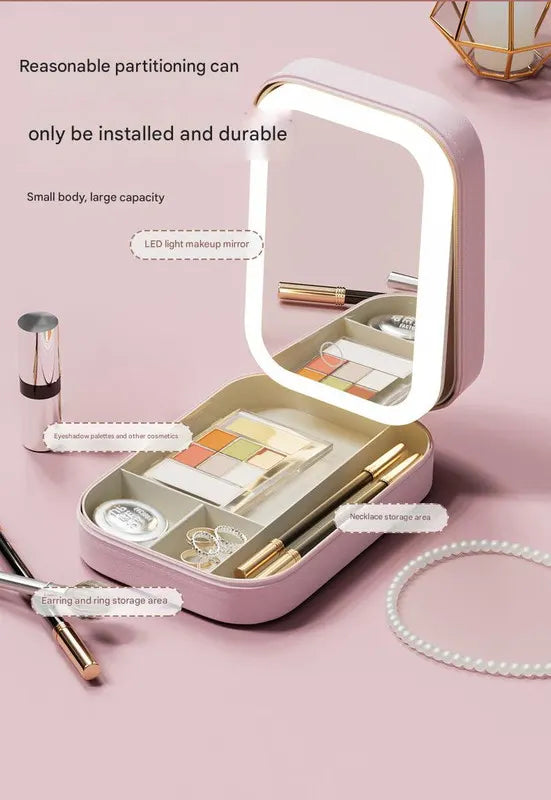 Portable Jewelry & Makeup Organizer Box with LED Touch Mirror - Rechargeable, Adjustable Lighting(white) - Image 4